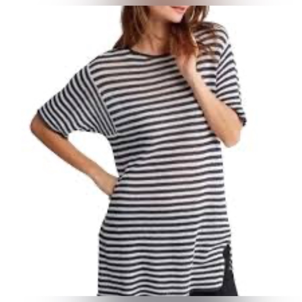 Eileen Fisher Graphite Organic Linen Knit Stripe Round Neck Tunic size Large